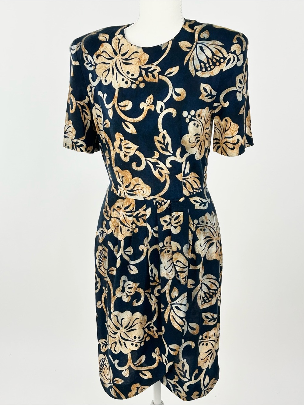 Vintage Jennifer Jeffries Navy Tan Floral Rayon Shoulder Pad Dress 90s Size 6
